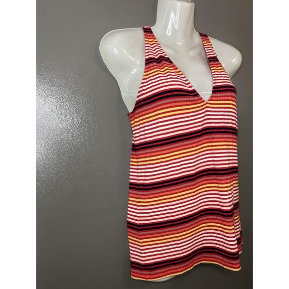 Express Shirt Womens Large Red Orange Stripe Ribbed V Neck Tank Top Summer - Picture 2 of 7